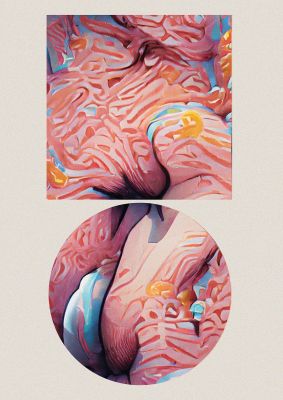 An unframed print of futuristic abstract shape six graphical in pink and multicolour accent colour