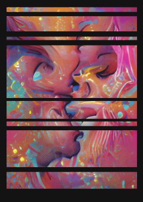 An unframed print of abstract colourdash panel graphical in pink and multicolour accent colour