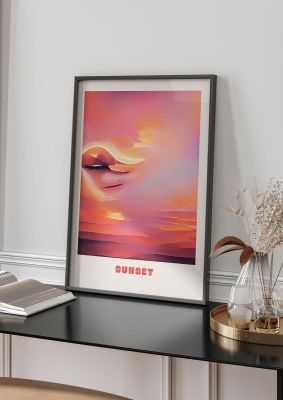An unframed print of painted sunset one travel illustration in pink and multicolour accent colour