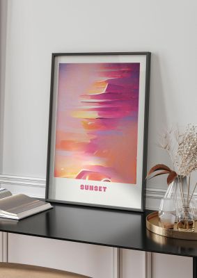 An unframed print of painted sunset two travel illustration in pink and multicolour accent colour
