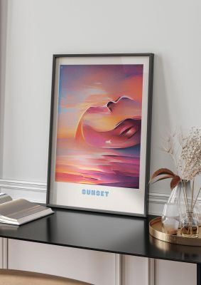 An unframed print of painted sunset three travel illustration in pink and multicolour accent colour