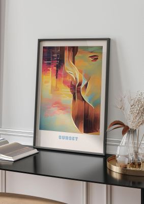 An unframed print of painted sunset four travel illustration in orange and multicolour accent colour