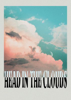 An unframed print of head in the clouds travel illustration in beige and multicolour accent colour
