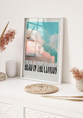 An unframed print of head in the clouds travel illustration in beige and multicolour accent colour