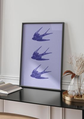 An unframed print of illustrated dotwork sparrow blue illustration in lilac and purple accent colour