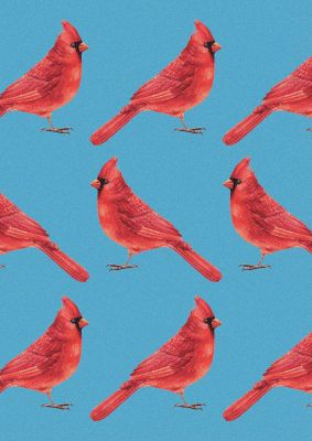 An unframed print of blue pink bird pattern illustration in blue and pink accent colour