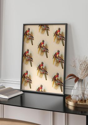 An unframed print of vintage style tropical parrot pattern illustration in beige and multicolour accent colour
