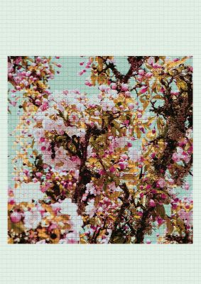 An unframed print of mosaic flower botanical photograph in green and multicolour accent colour