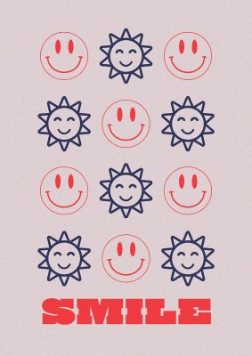 An unframed print of smile flower acid house smiley graphical illustration in lilac and red accent colour