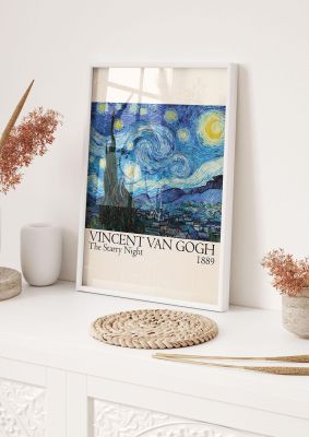 An unframed print of vincent van gogh the starry night 1889 a famous paintings illustration in blue and beige accent colour