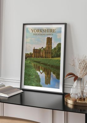 An unframed print of yorkshire fountains abbey travel illustration in green and beige accent colour