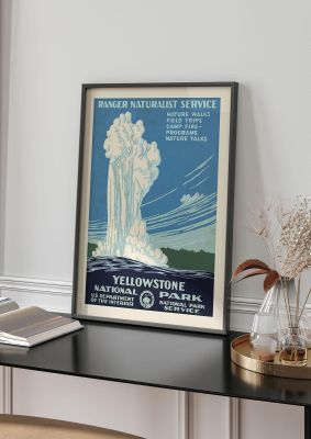 An unframed print of yellowstone national park usa travel illustration in blue and beige accent colour