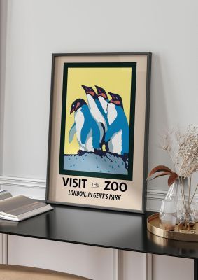An unframed print of visit the zoo london regents park travel illustration in blue and beige accent colour