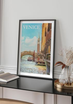 An unframed print of venice travel illustration in blue and white accent colour