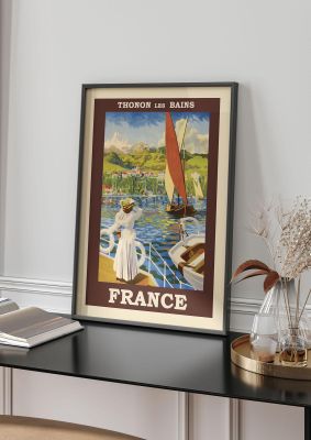 An unframed print of thonon les bains france travel illustration in multicolour and beige accent colour