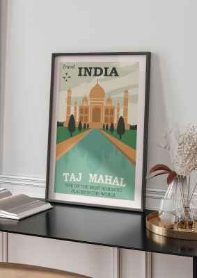 An unframed print of taj mahal india travel illustration in multicolour and beige accent colour