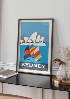 An unframed print of sydney travel illustration in multicolour and beige accent colour