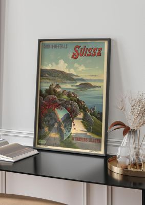 An unframed print of switzerland travel illustration in multicolour and beige accent colour