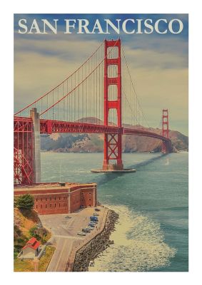 An unframed print of san francisco travel illustration in multicolour and blue accent colour
