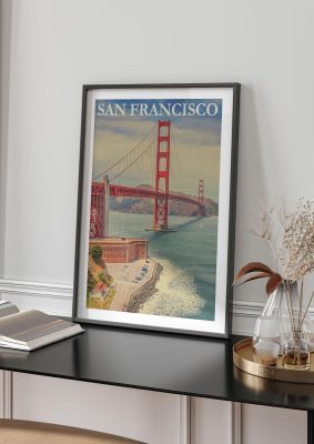 An unframed print of san francisco travel illustration in multicolour and blue accent colour