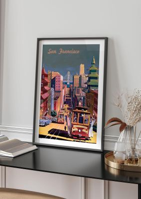 An unframed print of san francisco 2 travel illustration in multicolour and white accent colour