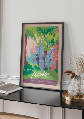 An unframed print of puerto rico usa travel illustration in green and beige accent colour