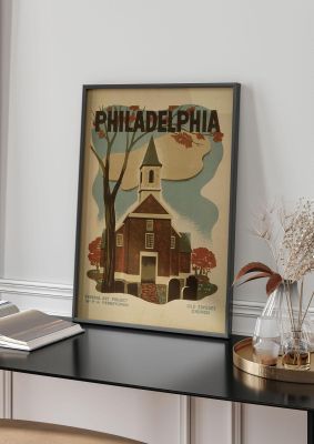 An unframed print of philadelphia travel illustration in brown and beige accent colour