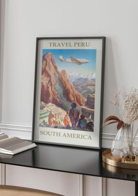 An unframed print of peru travel illustration in pink and blue accent colour