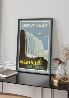 An unframed print of niagara falls canada travel illustration in blue and white accent colour