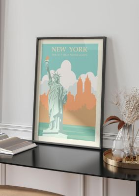 An unframed print of new york travel illustration in orange and green accent colour