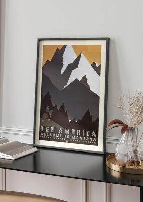 An unframed print of montana usa travel illustration in grey and beige accent colour
