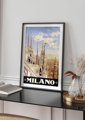 An unframed print of milan travel illustration in beige and blue accent colour