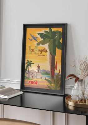 An unframed print of los angeles travel illustration in green and yellow accent colour