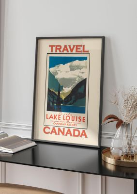 An unframed print of lake louise canadian rockies canada travel illustration in blue and red accent colour