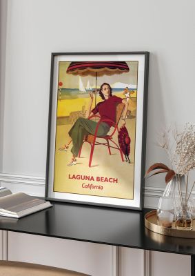 An unframed print of laguna beach california travel illustration in yellow and red accent colour