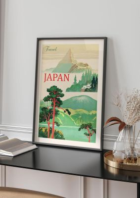 An unframed print of japan travel illustration in green and red accent colour