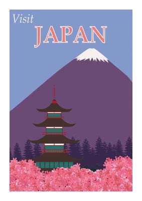 An unframed print of japan 2 travel illustration in purple and pink accent colour