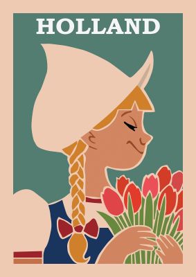 An unframed print of holland travel illustration in pink and green accent colour