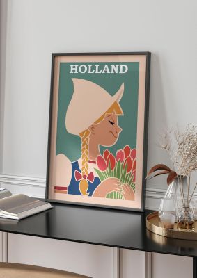 An unframed print of holland travel illustration in pink and green accent colour