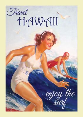 An unframed print of hawaii travel illustration in blue and white accent colour