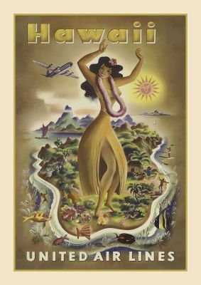 An unframed print of hawaii 3 travel illustration in brown and yellow accent colour