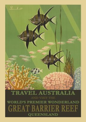 An unframed print of great barrier reef australia travel illustration in green and beige accent colour