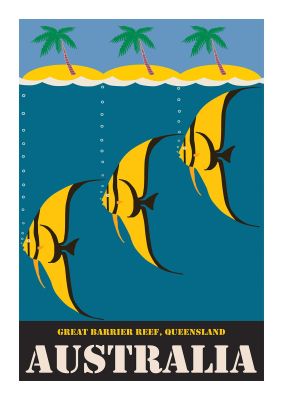 An unframed print of great barrier reef australia 2 travel illustration in blue and yellow accent colour
