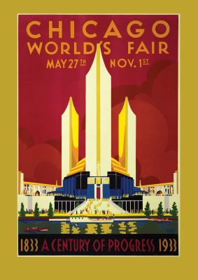 An unframed print of chicago travel illustration in red and gold accent colour