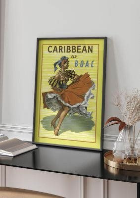 An unframed print of caribbean travel illustration in yellow and brown accent colour