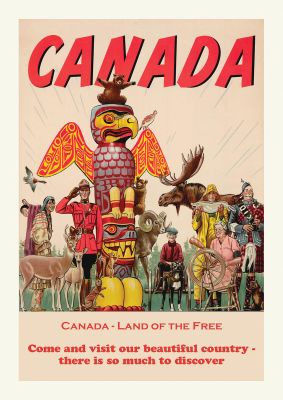 An unframed print of canada travel illustration in beige and red accent colour