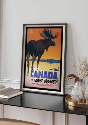 An unframed print of canada 2 big game travel illustration in orange and blue accent colour