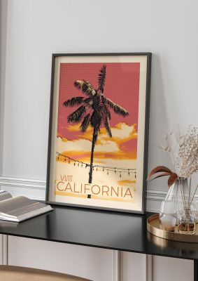 An unframed print of california travel illustration in orange and pink accent colour