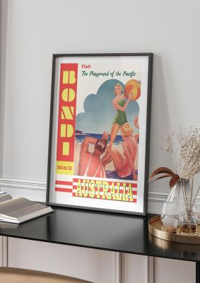 An unframed print of bondi beach australia travel illustration in orange and red accent colour