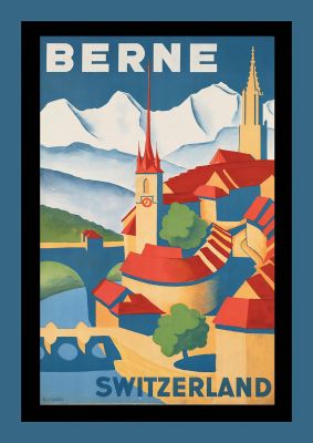 An unframed print of berne switzerland travel illustration in multicolour and blue accent colour